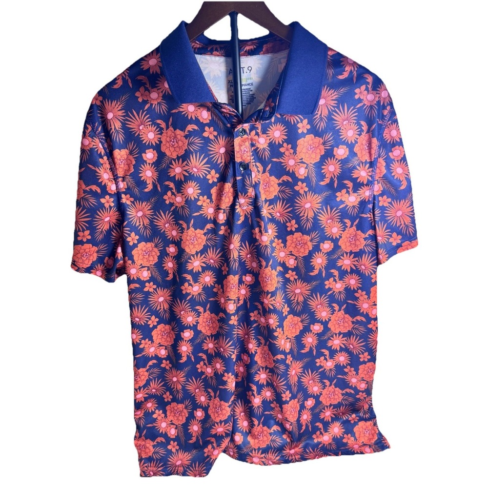 Apt. 9 Mens XL Performance Polo Shirt Navy Blue Orange Floral Tropical Top